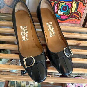 Salvatore Ferragamo Black Leather Pumps With Gold Buckles Size 7.5